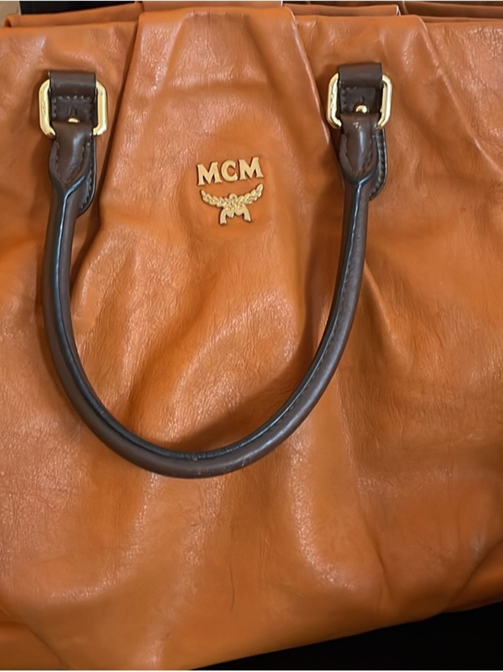 MCM Cognac Leather Tote with Dark Brown Handles and Gold Hardware